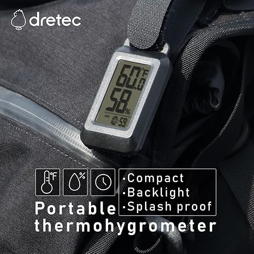 Dretec Portable Digital Thermometer Hygrometer Splash Proof IPX4 Clock Function Backlight for Backpacking, Skiing, Outdoor Thermometer Activity Black