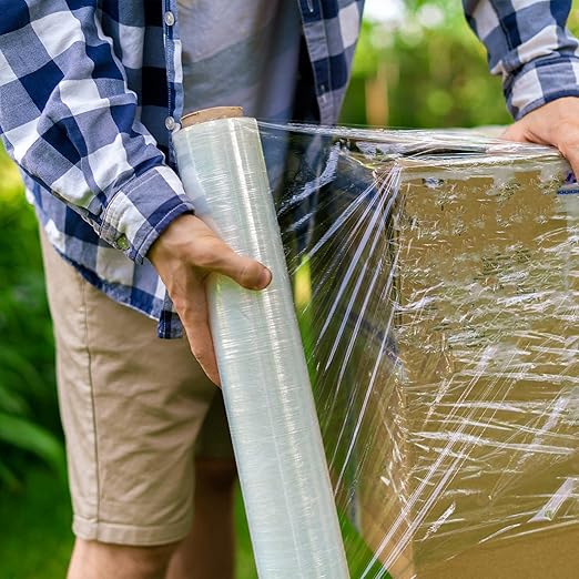APQ 4 Rolls of Blown Hand Stretch Film 12" x 1500'. Clear Hand Stretch Wrap, 80 Gauge. Tear Resistant Residue Free Film for Moving, Shipping, Wrapping. Industrial Grade Pallet Shrink Wrap Film.