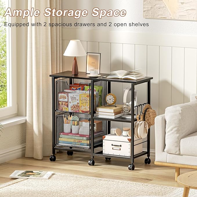 2 Drawer File Cabinet, Lateral Filing Cabinet, Rolling Printer Cabinet Cart with Open Storage Shelf, Office Storage with Wheels, Home Furniture, Black