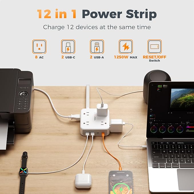 TESSAN Surge Protector Power Strip, 15 Ft Extension Cord Flat Wall Plug with 4 USB (2 USB C) 8 Outlets, 2100J Dual Surge Protection, 20W Desk Charging Station for Home, Office, Dorm Room Essentials