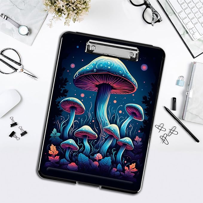 Clipboard with Storage,Office Supplies Nursing Clipboards Folder with Pen Holder Plastic Foldable Clip Board with Storage for Nurse Teacher,Colorful Mushroom