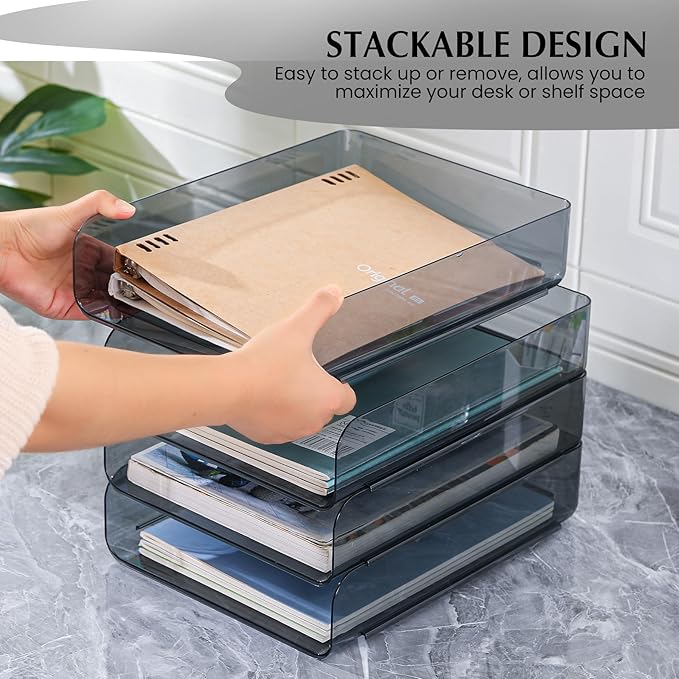 2 Pack Stackable Paper Tray Organizer, Clear File Organizer for Desk, Office Organizer and Storage for Desk Accessories, Notes, Books, File Paper, Document, Black