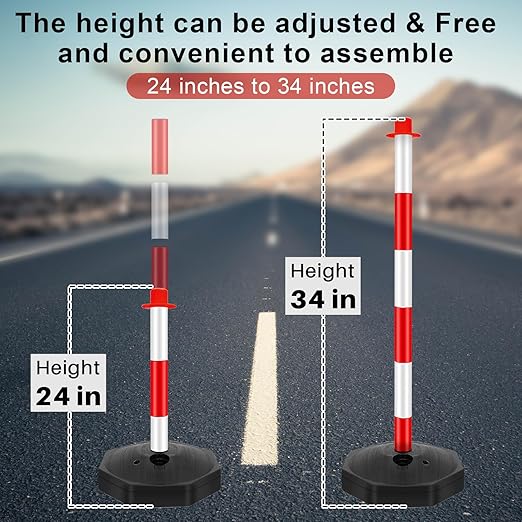 Konohan 6 Pack 34 Inch Parking Cone Delineators Post Traffic Cone Plastic Stanchion Set Stands Parking Barrier with Base 6.6 ft Chain S Hooks Reflective Collar (Red,White)