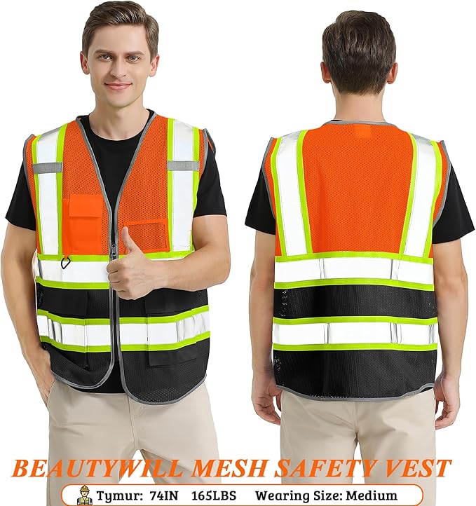 Custom Safety Vest Customized Logo Mesh Vest Class 2 High Visibility Reflective Vest with Pockets Orange Workwear（Orange Black，XL ）