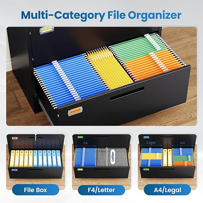 2 Drawer File Cabinet, Lateral Filing Cabinets for Home Office, Office Storage Drawers with Lock, Hanging Files Legal/Letter A4 Size (Assemble Required,Black)