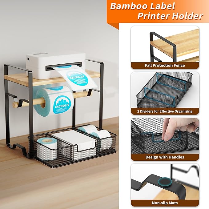 Label Holder for Rolls and Fan-Fold - Bamboo Shipping Label Holder for Desktop Thermal Printer with Space-Saving Accessories - Suitable for Home, Office, Warehouse, Small Business