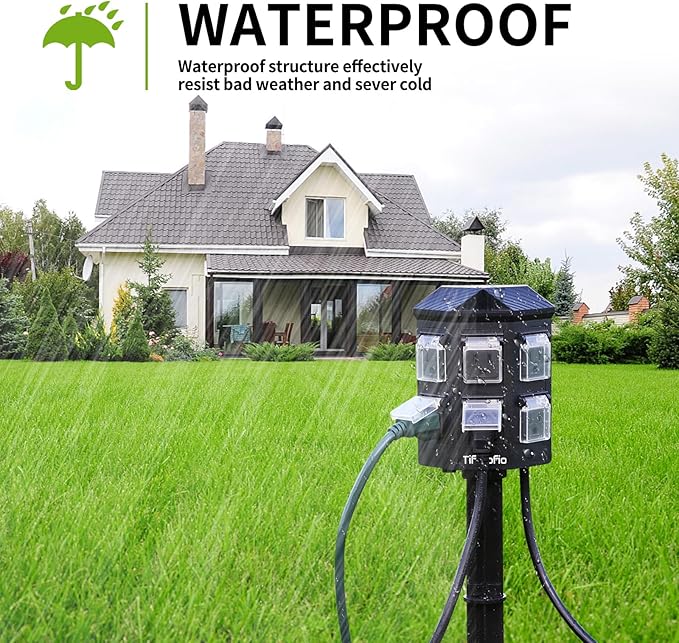 TiFFCOFiO Outdoor Power Strip with Stake Waterproof, 10 FT Extension Cord, 6 Grounded Outlets for Outdoor Lights, 14 AWG, 15A/1875W, ETL Listed (10 FT)