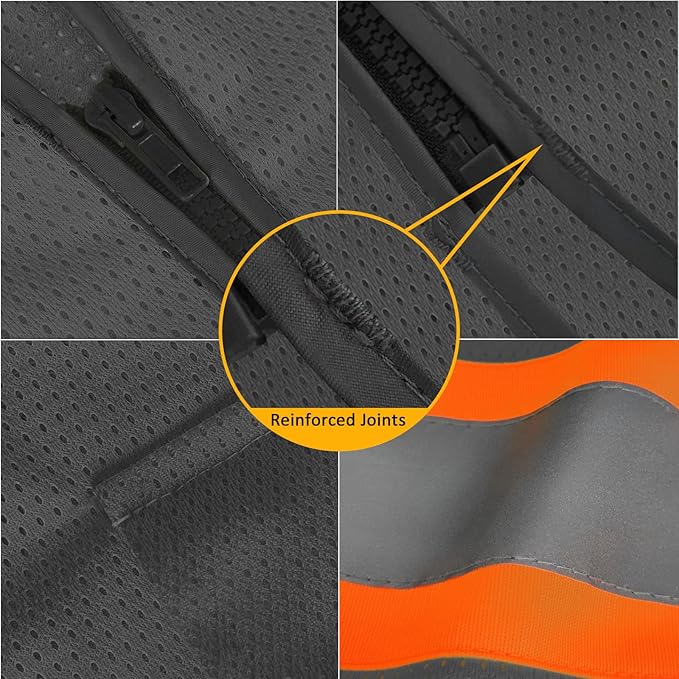 TCCFCCT Mesh Reflective Safety Vest with Pockets High Visibility Vest for Men Women, Work Vest with Fluorescent Orange Extend Edge, Meets ANSI/ISEA Standards, Grey, S