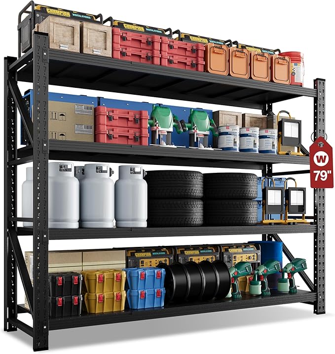 79" Wide Storage Shelves, 7000LBS Garage Shelving Heavy Duty, Standing Shelf Units, 4 Tier Metal Adjustable Storage Shelving Rack for Shop Warehouse Basement, 79'' W x 24''D x 79'' H