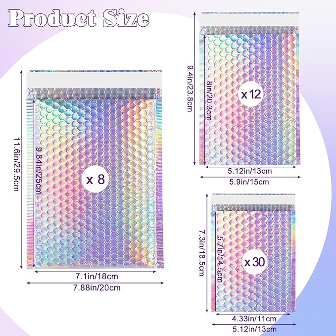 50 Pcs Metallic Bubble Mailers, 3 Sizes Holographic Bubble Mailers, Poly Padded Envelopes, Waterproof Self Seal Adhesive Shipping Bags, Cushion Envelopes for Packing, Mailing, Small Business