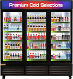 71” Wide Commercial Beverage Refrigerator Display Fridge, Three Glass Door Merchandiser Drink Cooler With LED Light Adjustable Shelves,ETL Sanitation,63.5 Cu Ft,BLACK,Wheels Not Included