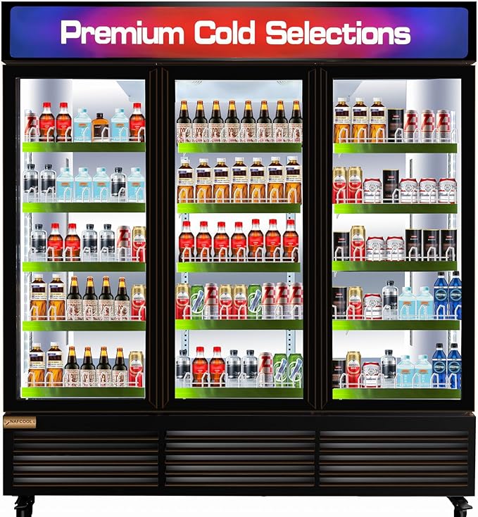 71” Wide Commercial Beverage Refrigerator Display Fridge, Three Glass Door Merchandiser Drink Cooler With LED Light Adjustable Shelves,ETL Sanitation,63.5 Cu Ft,BLACK,Wheels Not Included