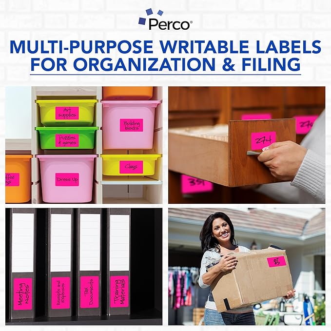 Perco Fluorescent Pink 3x5 Inch Perforated Sticker Labels — 150 Stickers/Roll — with Permanent Adhesive for Inventory Management, Color Coding, Moving Boxes, Retail, Organizing & Crafts — Made in USA