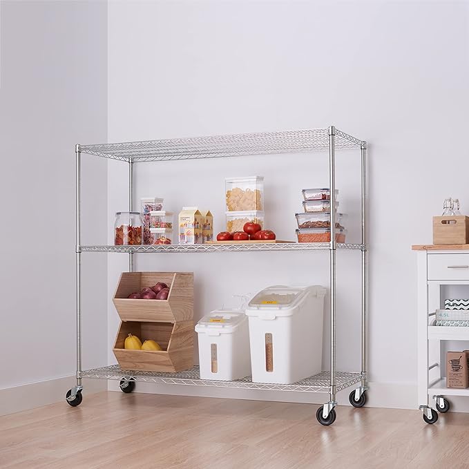 Trinity Basics 3-Tier Adjustable Wire Shelving with Wheels for Kitchen Organization, Garage Storage, Laundry Room, NSF Certified, 600 to 1350 Pound Capacity, 60” by 24” by 54”, EcoStorage Chrome