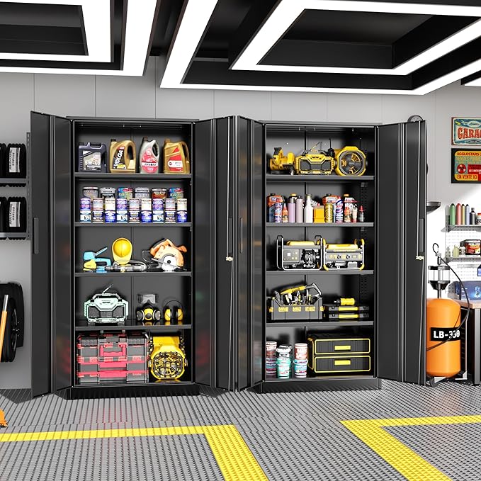 Greenvelly Metal Storage Cabinet with Lock,71" Metal Garage Cabinet with 2 Doors and 4 Adjustable Shelves,Lockable Storage Organization, Steel Tool Cabinets for Office,Home,Garage,Gym,School (Black)