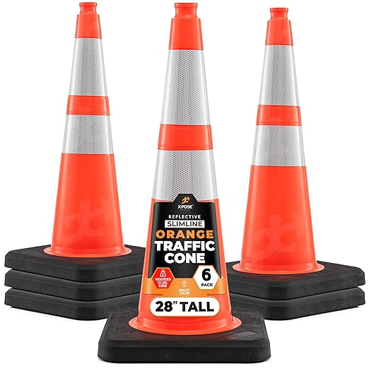 Xpose Safety 28 Inch Orange Slim Line Traffic Cones Heavy Duty 10lb with 6" & 4" Collars, 6 Pack Multipurpose PVC Plastic Safety Cone for Parking, Soccer, Caution, Kids & Construction - DOT Approved