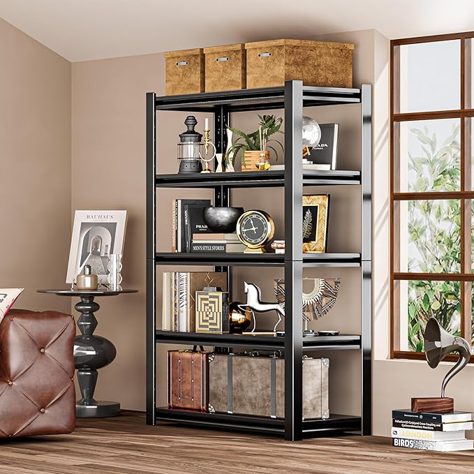 72" H Adjustable Garage Shelving 2500LBS Storage Shelves 5-Tier Heavy Duty Metal Shelves Utility Industrial Shelves Rack for Garage Warehouse Pantry Basement,Black (19.6" D×47.2" W×72" H)