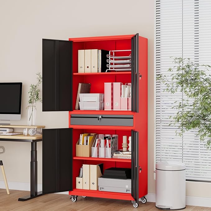 73" Metal Garage Storage Cabinet with Wheels， Rolling Tool Storage with Locking Doors， Adjustable Shelves and Drawer, Heavy Duty Steel Tool Cabinet for Garage, Warehouse, School(Red Black)