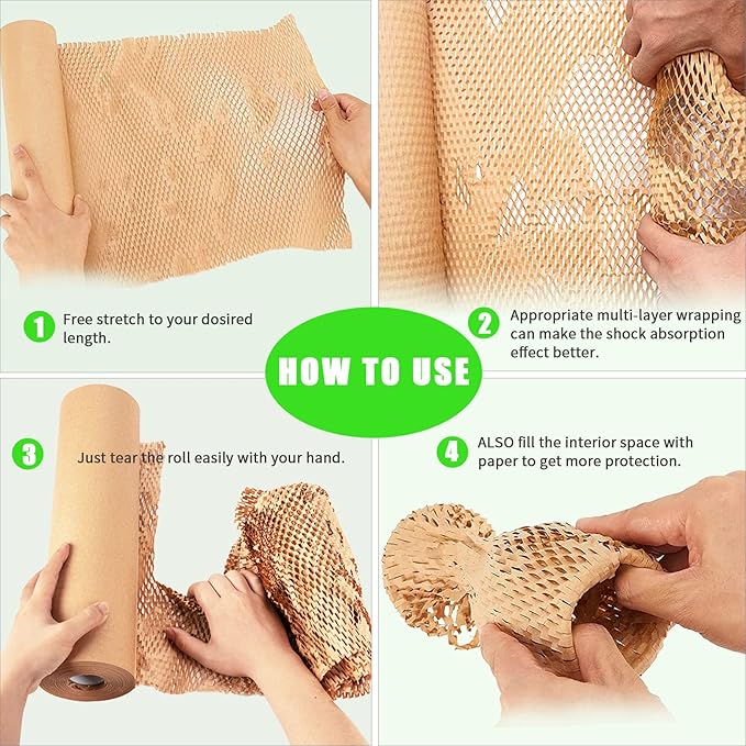 Honeycomb Packing Paper, MINHAO 15"x230' Eco Friendly Packing Paper for Moving Recyclable Honeycomb Paper Moving Supplies Bubble Paper Wrapping Protective Roll, With 36 Fragile Sticker Labels