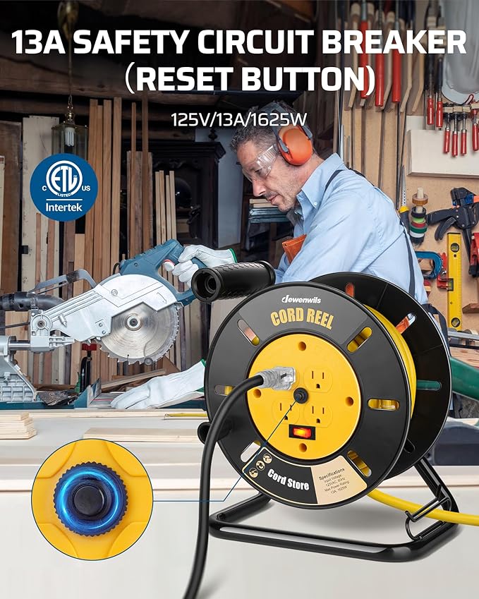 DEWENWILS Extension Cord Storage Reel with 4-Grounded Outlets, Heavy Duty Open Cord Reel for 12/3,14/3,16/3 Gauge Power Cord, Hand Wind Retractable, 13A Circuit Breaker, Yellow, ETL Listed