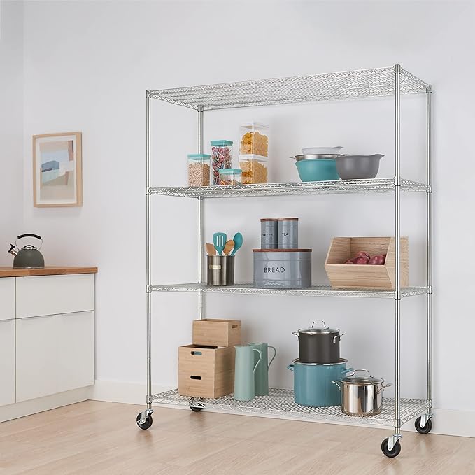 Trinity Basics 4-Tier Adjustable Wire Shelving with Wheels for Kitchen Organization, Garage Storage, Laundry Room, NSF Certified, 600 to 1800 Pound Capacity, 60” by 24” by 72”, EcoStorage Chrome