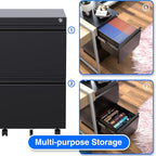 METAN 2 Drawer File Cabinet with Lock, Mobile Under Desk Filing Cabinet for Office Legal/Letter Size, Fully Assembled Except Wheels,Black