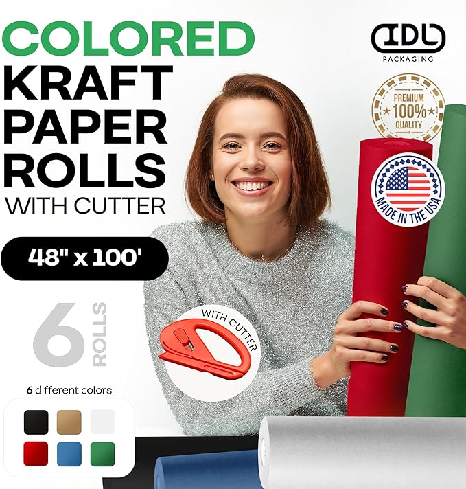 Assorted Colors Construction Paper with Cutter, Set of 6 Rolls 48" x 1200" (100 ft) - USA-Made Natural Multi-Color Paper for Gift Wrapping, Kids' Arts & Crafts, School & DIY Projects by IDL Packaging