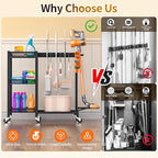 Broom Holder with Cleaning Supplies Organizer Load 350 LBS Cleaning Cart with Wheels Broom Closet Storage with 3-Tier Shelves, 6 Mop Hanger Grippers, 3 Double-Hooks, Vacuum Stand for Laundry Garage