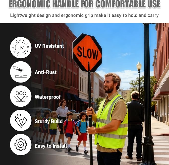 Stop Slow Sign with 66" Adjustable Handle, 18x18 Inch Double Sided Reflective Traffic Stop/Slow Paddle Sign with Telescopic Handle, Lightweight Construction Aluminum Traffic Signs for Road Safety