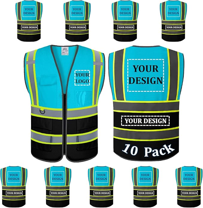 10 Pack Custom Safety Vest Customized Logo Mesh Vest Class 2 High Visibility Reflective Vest with Pockets Workwear（LightBlue Black，L ）