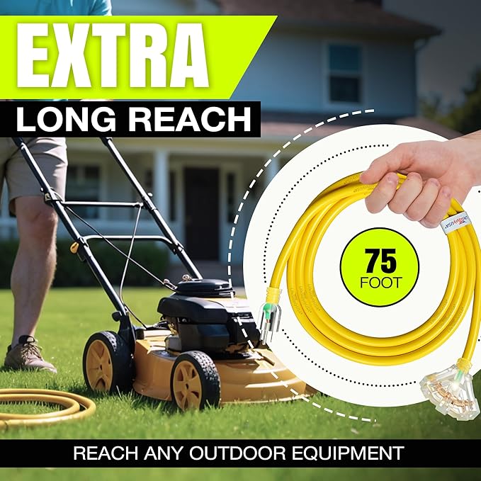 75ft Outdoor/Indoor Extension Cord 3-Outlet 12/3 Gauge Extra Heavy Duty 3 Prong SJTW, Waterproof, Flexible Cold-Resistant Long Power Cord,15A 125V 1875W, Yellow by LifeSupplyUSA