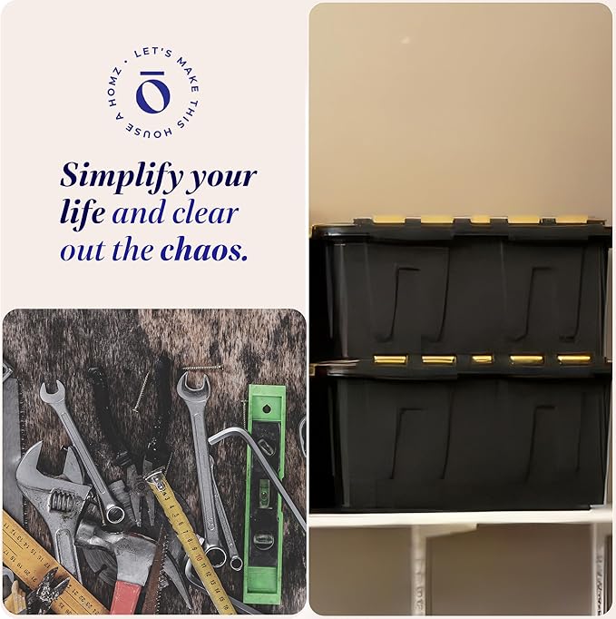 HOMZ 2-Pack Durabilt, Heavy Duty Plastic Storage Bins with Lids, 15 Gallon, Black/Yellow - Stackable Container Boxes for Home, Attic, and Garage Organization