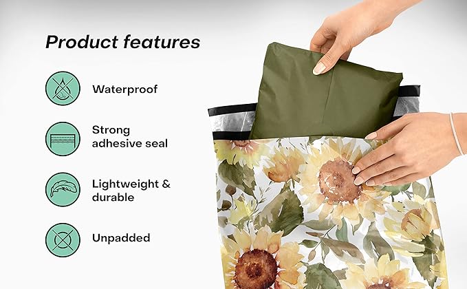 10x13 Poly Mailers – Sunflowers – Waterproof, Tear-Resistant Shipping Bags with Adhesive Seal – 100 Pack – Package Mint