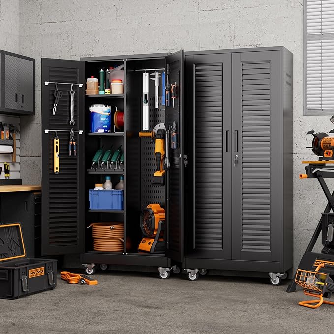 Aobabo Metal Broom Closet Storage Cabinets,Steel Mop and Broom Cabinet with Adjustable Shelves,Lock,Pegboards and Wheels,Assembly Required,Black