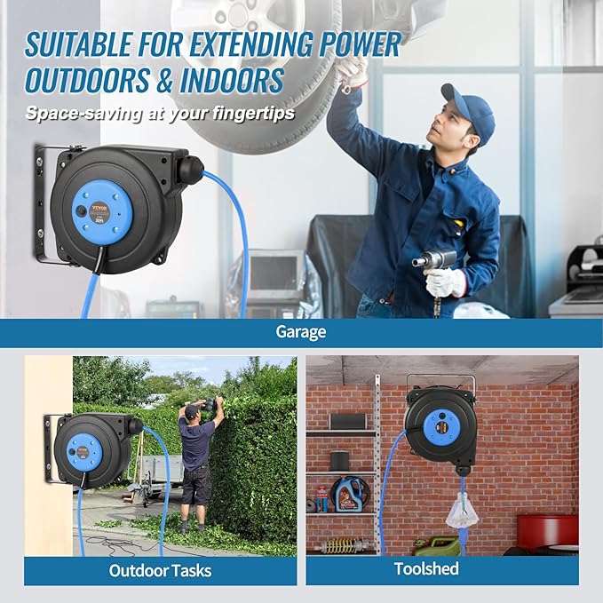 VEVOR 30FT Retractable Extension Cord Reel, 16AWG/3C SJTOW Heavy Duty Power Cord w/Lighted Electrical Triple Tap Outlets, 10A Circuit Breaker, 180° Swivel Bracket for Workshop or Garage, Blue