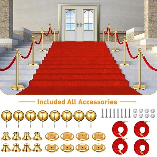 8 Pack Upgraded Stainless Steel Stanchions and Velvet Ropes 5FT Extended Red Carpet Ropes Poles Crowd Control Safety Barriers Set with Stable Base for Theaters Parties Wedding Exhibition (Gold)