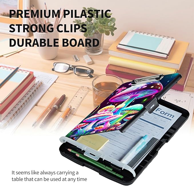 Clipboard with Storage High Capacity Plastic Nursing Clipboards with Pen Holder File Folder Storage Box Clipboard with Heavy Duty Clips for Teacher,Doctor,Offices-Pretty Mushroom