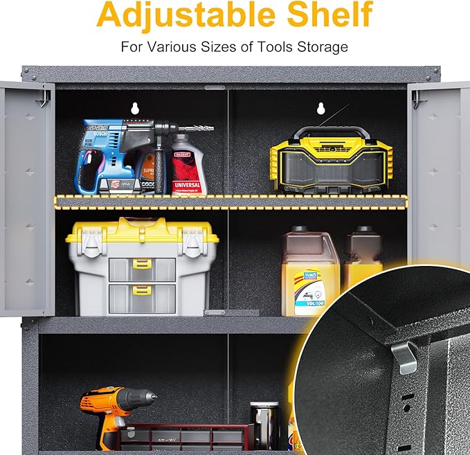 Wall Mounted Cabinet with Locking Doors, Open Shelf, Metal Hanging Garage Storage Cabinet, Adjustable Floating Upper Tool Cabinets for Shop, Kitchen, Bathroom (Grey, 30''W x 12''D x 30''H)
