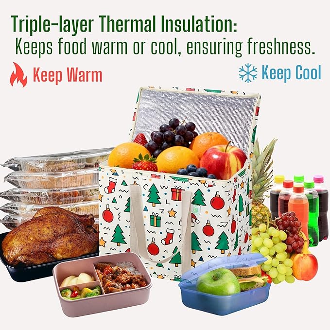 VENO 2 Pack Christmas Cooler Bag Insulated Reusable Grocery Shopping Bag, Food Delivery, Heavy Duty, Large Size, Durable Handles, Double Zippers, Lid, Collapsible (Jingle Mix, 2 Pack)
