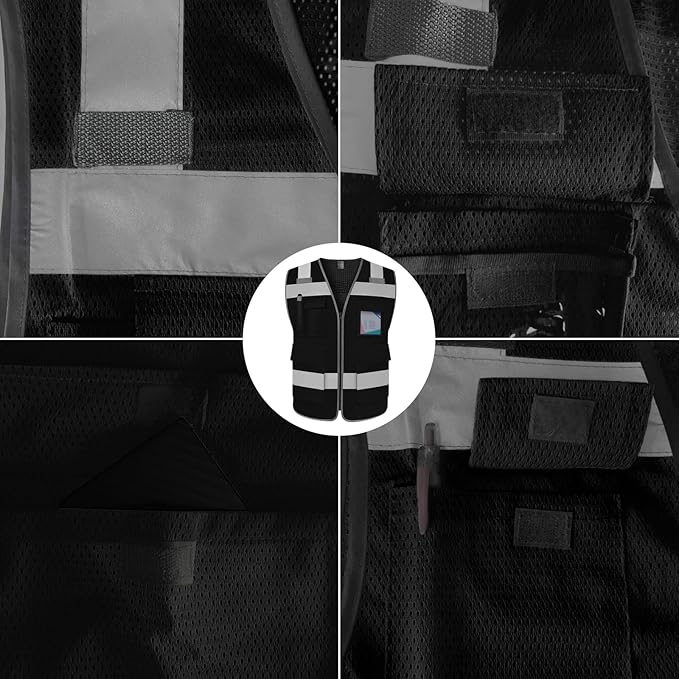 TCCFCCT Mesh Safety Vest for Men Women 5 Pockets Reflective Vest with Reinforced Zipper, High Visibility Construction Work Vest with Tabs for Walkie-talkie, Durable to Use, Meets ANSI/ISEA, Black, XXL