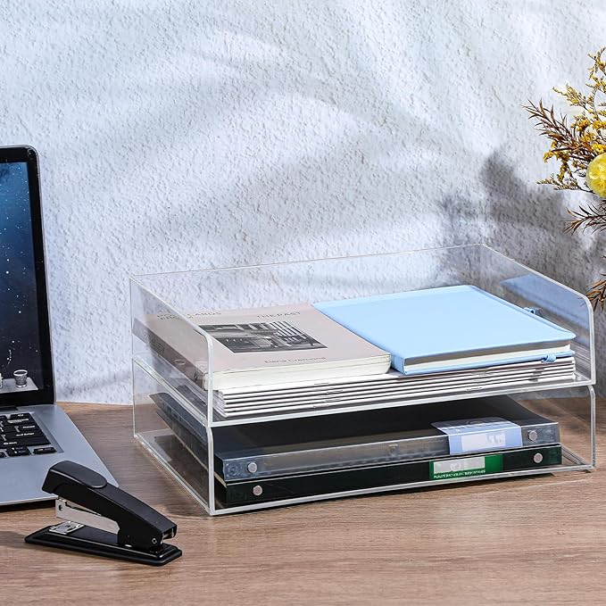 2 Pack Stackable Acrylic Paper Organizer Tray Clear Desk Letter Tray for Office A4 Size Clear Workspace Office Supplies Organizers Transparent Document Sorter