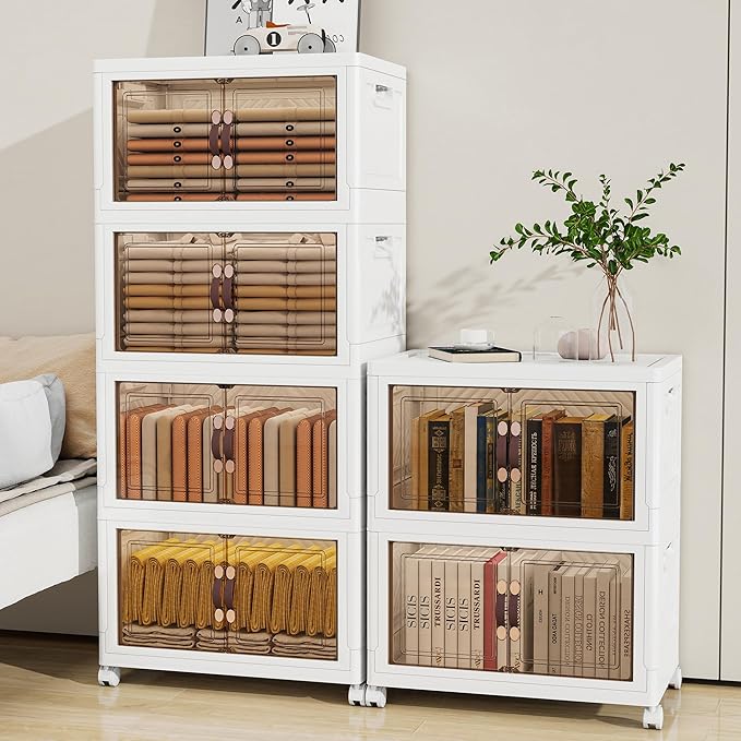 Storage Bins with Lids and Wheels, 199QT-99.5QT*2Tier Collapsible Bathroom Storage Cabinet with Clear Doors, Plastic Stackable Closet Organizers and Containers White