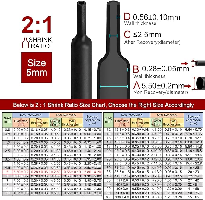 Chanzon 2:1 Ratio 3/16" (5mm) Heat Shrink Tubing 8Ft Roll (2.5M Total Length) Black Polyolefin Sleeving Wrap Shrinking 2 to 1 1pcs