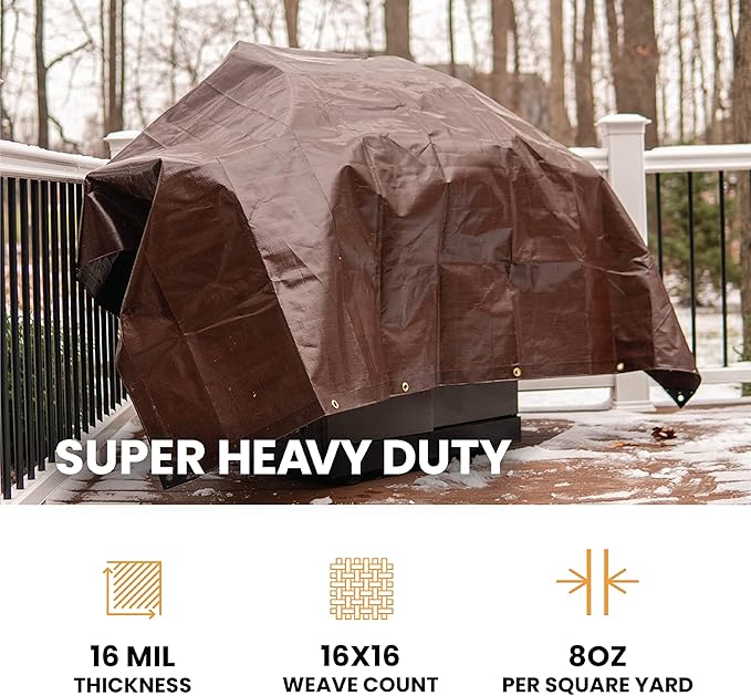 WHITEDUCK Super Heavy Duty Poly Tarp Cover 16 Mil & 10 Mil with Grommets and Reinforced Edges (Brown, White & Silver Black) (Brown- 16 Mil, 100' x 100')