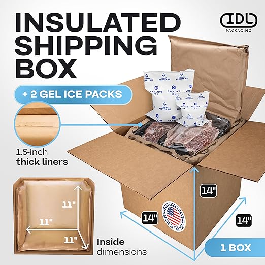 Insulated Thermal Shipping Box 14"x14"x14" with 2 Gel Ice Packs, Pack of 1 - USA-Made Cold Food Shipping Box with Absorb Condensation Thermal-Paper Liner - Frozen Food Shipping Kit by IDL Packaging