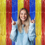 3 Pack 3.3 x 8.2 ft Blue Red Gold Foil Fringe Backdrop Curtains, Tinsel Streamers Party Decorations, Fringe Backdrop, Door Shimmer for Birthday Party
