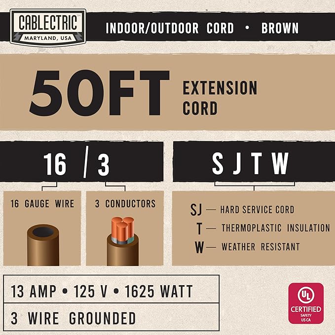 Brown Outdoor Extension Cord 50 ft, 16/3 Heavy Duty Cable with 3 Prong Grounded Plug, 13 AMP for Garden, Lawn, Landscaping, Tools & Appliances, 50 ft Extension Cord 3 Prong