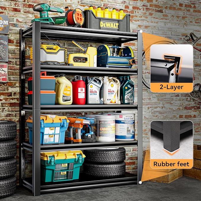 72" H Adjustable Garage Shelving 2500LBS Storage Shelves 5-Tier Heavy Duty Metal Shelves Utility Industrial Shelves Rack for Garage Warehouse Pantry Basement,Black (19.6" D×47.2" W×72" H)