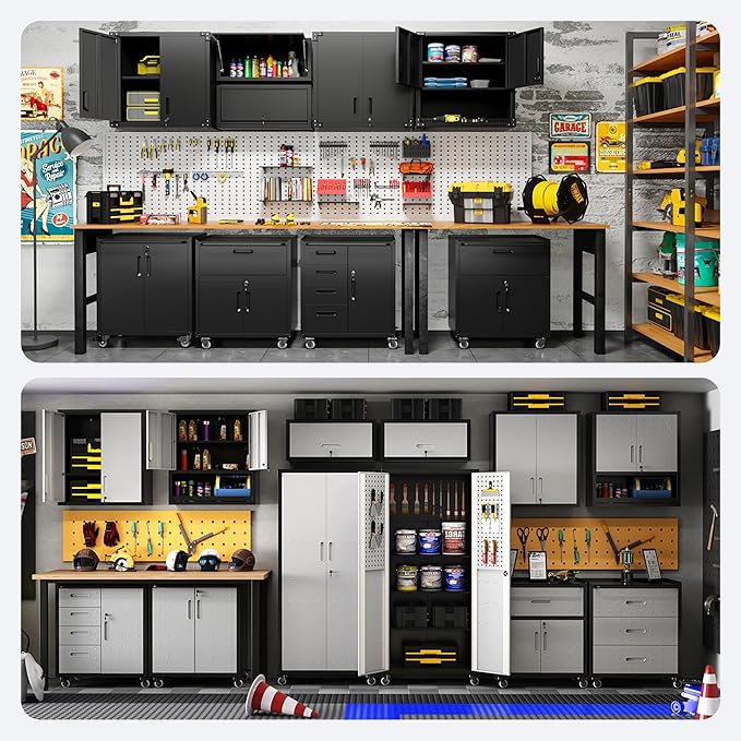 Metal Tool Cabinet,Garage Storage Cabinet System,Wall Cabinet & Locking Rolling Tool Cabinet with Doors and Adjustable Shelves,Steel Tool Cabinets for Home (4 Pcs-StyleB, Black & Grey)