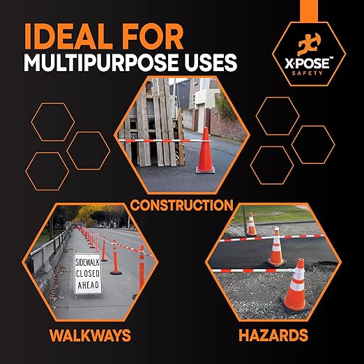 Retractable Barrier for Safety Traffic Cones - 2" OD - Large Yellow and Black Bar Barricade - for Road Construction, Parking, Warning, Temporary Security Divider (100, Orange & White, 53" x 84")